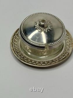 Sterling Silver 925 Honey Jar w Lid Glass Base Art Nouveau