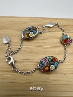 Sterling Silver 925 MURANO MILLEFIORI Glass Bracelet Signed Alan K