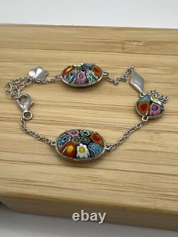 Sterling Silver 925 MURANO MILLEFIORI Glass Bracelet Signed Alan K
