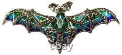 Sterling Silver 925 Marcasite Stained Glass Plique A Jour Flying Bat Pin Brooch