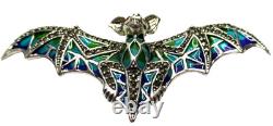 Sterling Silver 925 Marcasite Stained Glass Plique A Jour Flying Bat Pin Brooch