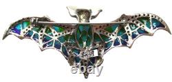 Sterling Silver 925 Marcasite Stained Glass Plique A Jour Flying Bat Pin Brooch