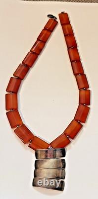 Sterling Silver 925 Modernist Necklace Vintage Glass Amber Carnelian