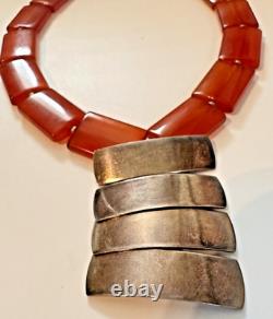 Sterling Silver 925 Modernist Necklace Vintage Glass Amber Carnelian