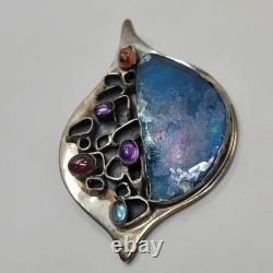 Sterling Silver 925 Modernist Signed YP Roman Glass Multi Stone Brooch Pendant