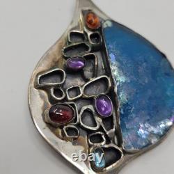 Sterling Silver 925 Modernist Signed YP Roman Glass Multi Stone Brooch Pendant