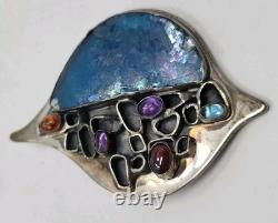 Sterling Silver 925 Modernist Signed YP Roman Glass Multi Stone Brooch Pendant