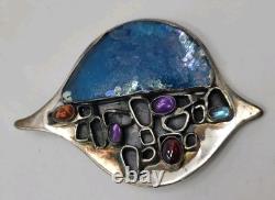 Sterling Silver 925 Modernist Signed YP Roman Glass Multi Stone Brooch Pendant