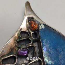 Sterling Silver 925 Modernist Signed YP Roman Glass Multi Stone Brooch Pendant