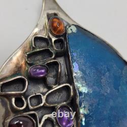 Sterling Silver 925 Modernist Signed YP Roman Glass Multi Stone Brooch Pendant