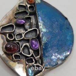 Sterling Silver 925 Modernist Signed YP Roman Glass Multi Stone Brooch Pendant