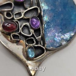 Sterling Silver 925 Modernist Signed YP Roman Glass Multi Stone Brooch Pendant