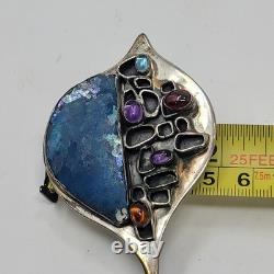 Sterling Silver 925 Modernist Signed YP Roman Glass Multi Stone Brooch Pendant