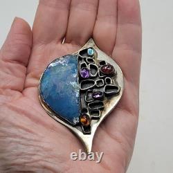 Sterling Silver 925 Modernist Signed YP Roman Glass Multi Stone Brooch Pendant