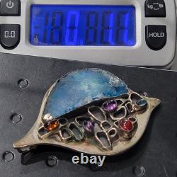 Sterling Silver 925 Modernist Signed YP Roman Glass Multi Stone Brooch Pendant