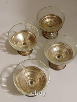 Sterling Silver. 925 Set of 4 Footed Glass Dessert Cups / Goblets Marked