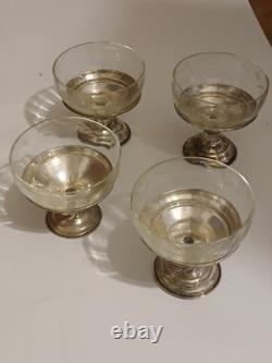 Sterling Silver. 925 Set of 4 Footed Glass Dessert Cups / Goblets Marked