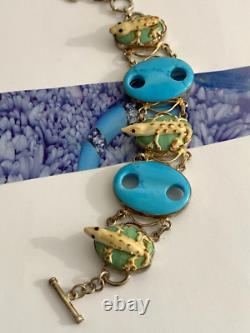 Sterling Silver 925 Vintage Blue Art Glass Stones Lizard Links Toggle Bracelet