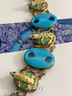 Sterling Silver 925 Vintage Blue Art Glass Stones Lizard Links Toggle Bracelet