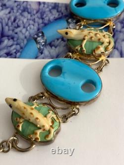 Sterling Silver 925 Vintage Blue Art Glass Stones Lizard Links Toggle Bracelet