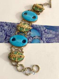 Sterling Silver 925 Vintage Blue Art Glass Stones Lizard Links Toggle Bracelet