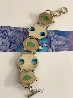 Sterling Silver 925 Vintage Blue Art Glass Stones Lizard Links Toggle Bracelet
