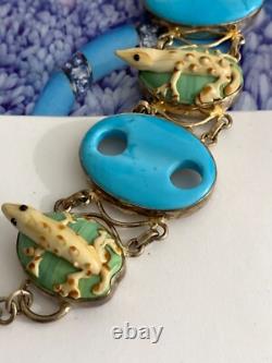 Sterling Silver 925 Vintage Blue Art Glass Stones Lizard Links Toggle Bracelet