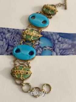Sterling Silver 925 Vintage Blue Art Glass Stones Lizard Links Toggle Bracelet