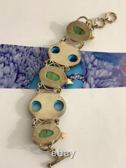 Sterling Silver 925 Vintage Blue Art Glass Stones Lizard Links Toggle Bracelet