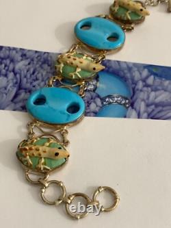 Sterling Silver 925 Vintage Blue Art Glass Stones Lizard Links Toggle Bracelet