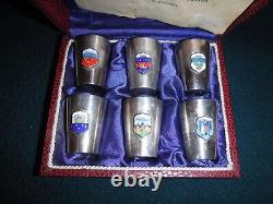 Sterling Silver 935 Shot Glass Set in Box, French City Shields, Made in Germany