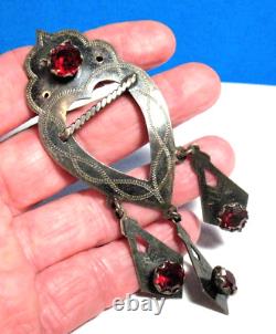 Sterling Silver Anodized Red Glass Antique Pin Brooch Dangling 15.4 Grams