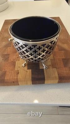 Sterling Silver Antique Bon-Bon Dish 1899 & perfect condition Cobalt Glass Liner
