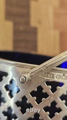 Sterling Silver Antique Bon-Bon Dish 1899 & perfect condition Cobalt Glass Liner