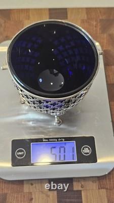 Sterling Silver Antique Bon-Bon Dish 1899 & perfect condition Cobalt Glass Liner