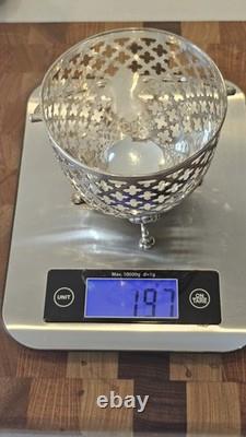 Sterling Silver Antique Bon-Bon Dish 1899 & perfect condition Cobalt Glass Liner