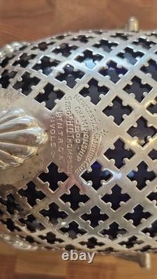 Sterling Silver Antique Bon-Bon Dish 1899 & perfect condition Cobalt Glass Liner
