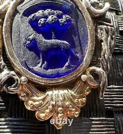 Sterling Silver Antique Heraldic Pendant Czech Blue Glass Mermaids On The Sides