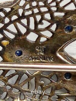 Sterling Silver Art Deco Brooch With Diamond, Sapphires, and Camphor Glass