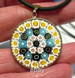 Sterling Silver Art Glass Pendant On Black Rubber Cord Necklace 16 Inches