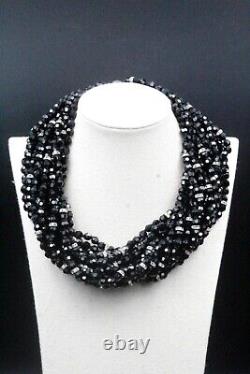 Sterling Silver Black Mourning Glass Beaded Multi Strand Massive Necklace