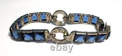 Sterling Silver Blue Glass Clear Rhinestone Bracelet 7 Inches 27.8 Grams