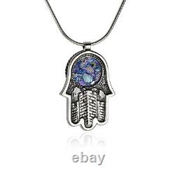 Sterling Silver Blue Roman Glass Judaica Necklace Jerusalem Hamsa Five Pendant