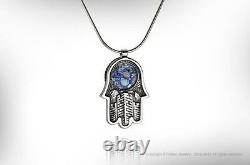 Sterling Silver Blue Roman Glass Judaica Necklace Jerusalem Hamsa Five Pendant