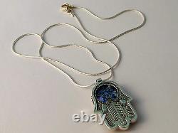 Sterling Silver Blue Roman Glass Judaica Necklace Jerusalem Hamsa Five Pendant