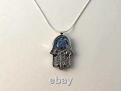 Sterling Silver Blue Roman Glass Judaica Necklace Jerusalem Hamsa Five Pendant