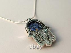 Sterling Silver Blue Roman Glass Judaica Necklace Jerusalem Hamsa Five Pendant