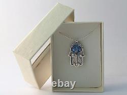 Sterling Silver Blue Roman Glass Judaica Necklace Jerusalem Hamsa Five Pendant