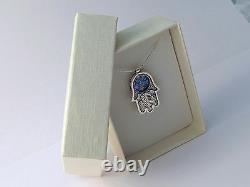 Sterling Silver Blue Roman Glass Judaica Necklace Jerusalem Hamsa Five Pendant