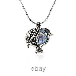 Sterling Silver Blue Roman Glass Necklace Judaica Pomegranate Handmade Pendant